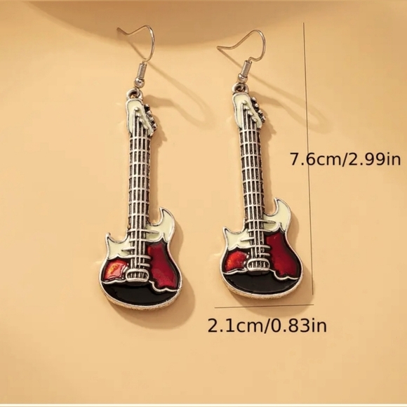 GUITAR EARRINGS dangle metal in black, white, maroon NWT - Picture 3 of 3